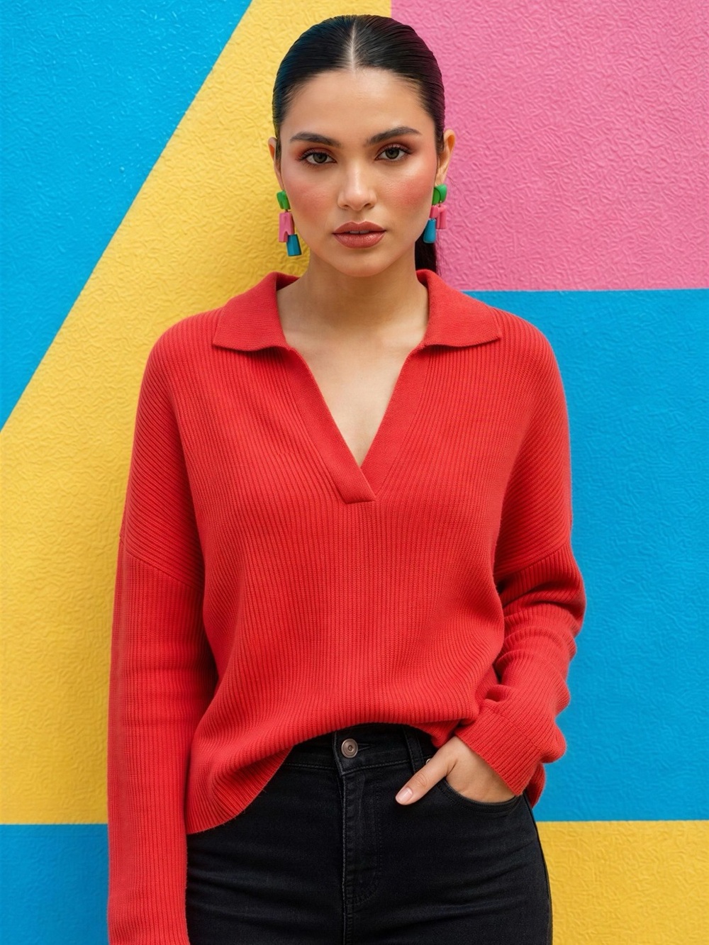 J. Crew Red Ribbed V-Neck Polo Sweater